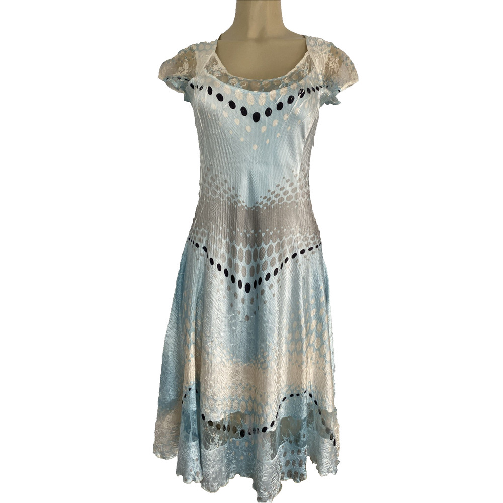 Komarov Dress Midi Round Neck Cap sleeve Lace Fit Flare Satin Blue Dot Knee L